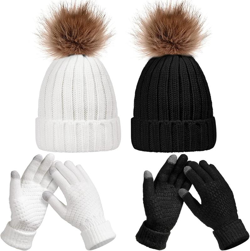 4 count Women Winter Knitted Beanie Hat Glove Set  Cap Touchscreen Gloves