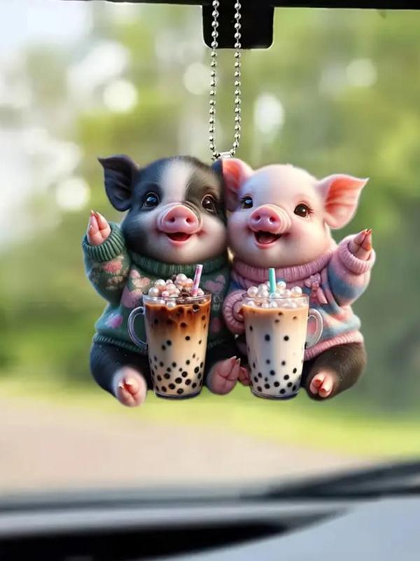 Cute Pig & Milk Tea Design Hanging Ornament, Cartoon Creative Keychain for Car Keys & Backpack & Car Rearview Mirror Decor, Kawaii Accessories As Gift