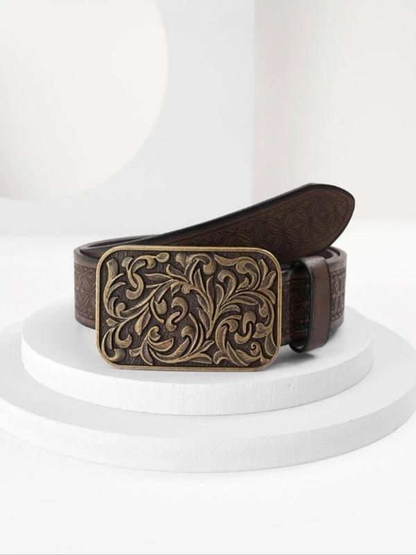 Boho Style Vintage Flower Embossed PU Buckle Belt, Fashionable Western Style Belt for Women & Men, Trendy All-match Belt for Birthday Gift for Outfit Matching