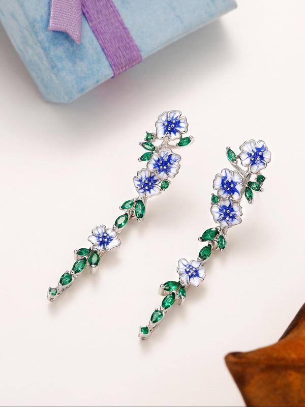 Fashion Elegant Rhinestone Decorated Flower Dangle Earrings As Gift, 2024 New Trendy Vintage Leaf Design Earrings for Women, Anniversary, Engagement, Wedding, Gifts for Women and Girls