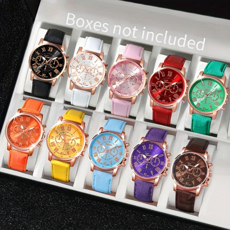 Fashionable 10-Piece Quartz Wrist Watch Set for Men and Women  Round Zinc Alloy Case, PU Leather Band, Non-, Assorted Colors