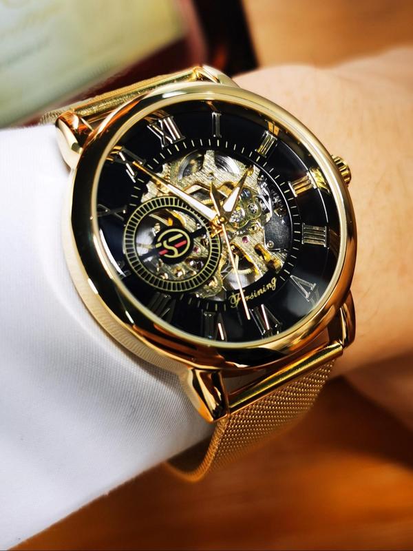 Men's Classic Vintage Transparent Skeleton Mechanical Watch, Luminous Hands Mesh Stainless Steel Strap Business Casual Hand Winding Watches, Gifts with Box