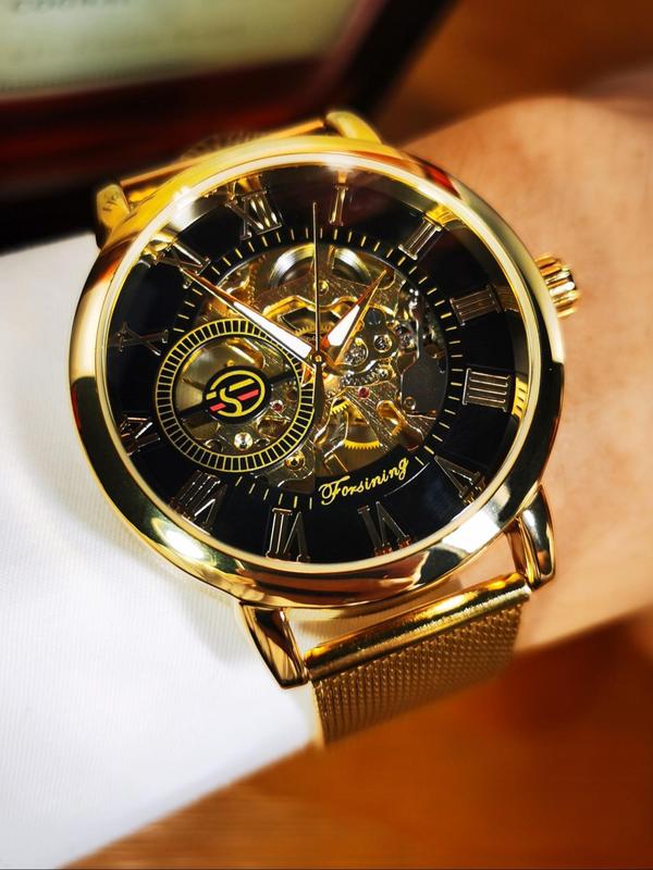 Men's Classic Vintage Transparent Skeleton Mechanical Watch, Luminous Hands Mesh Stainless Steel Strap Business Casual Hand Winding Watches, Gifts with Box