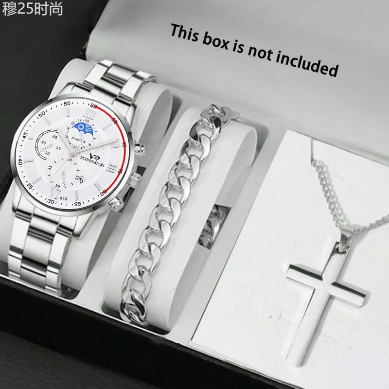 3Pcs Fashionable Men's Quartz Watch Set with Calendar Function, Round Zinc Alloy Case, Electronic Drive Alloy Strap Watch & Cross Pendant Necklace - For Men - Ideal Gift for Dad, Boyfriend, Son for Birthday, Christmas, Halloween, Back to Sc