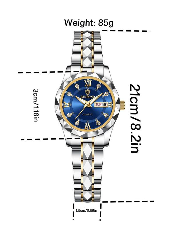 Women's Fashion Round Dial Stainless Steel Strap Quartz Watch, 30m Waterproof Watch with Calendar Function, Trendy All-match & Exquisite Watch for Birthday Gift with Box