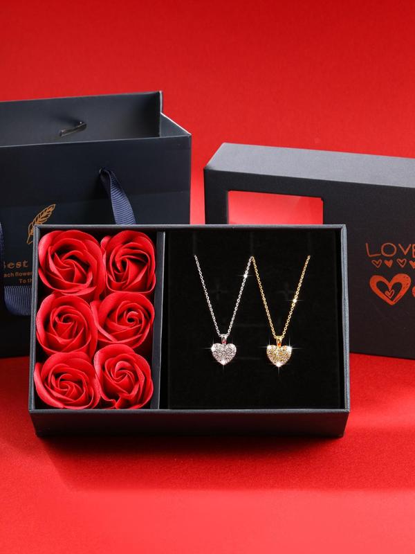 Women's Elegant Rhinestone Decorated Heart Design Necklace, Exquisite Trendy Jewelry Set with Box, Fashionable Jewelry Set for Women & Girls As Birthday Gift