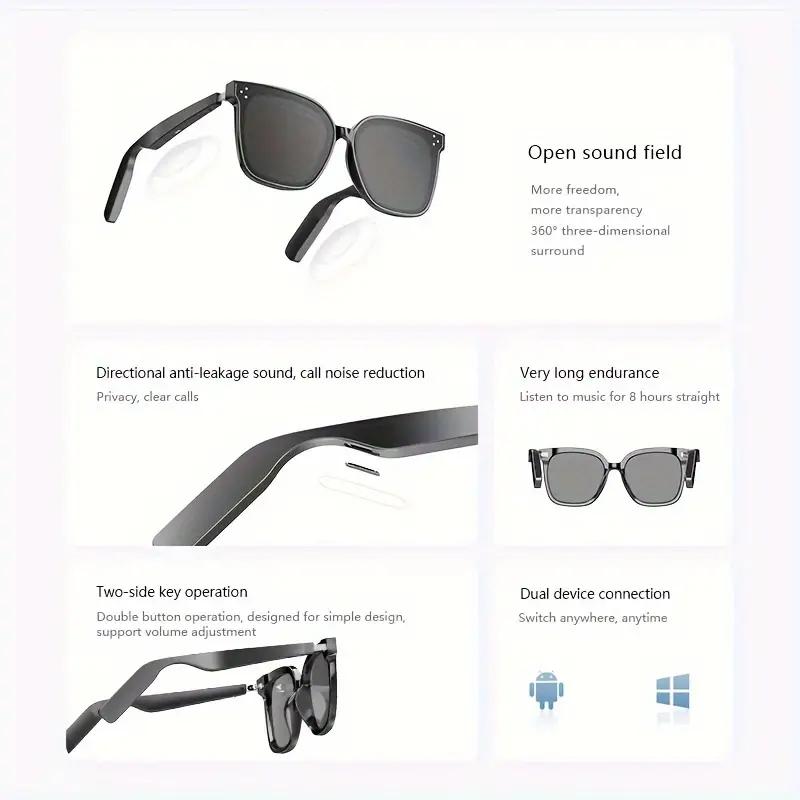 Smart glasses, polarized sunglasses with Bluetooth speaker for listening to music, driving voice navigation, sports outdoor UV protection and voice control, unisex (grey lenses)