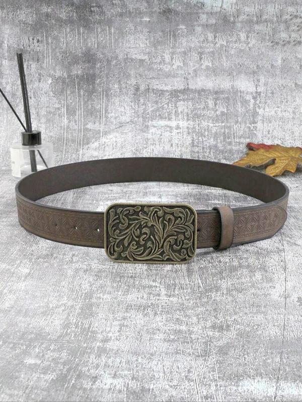 Boho Style Vintage Flower Embossed PU Buckle Belt, Fashionable Western Style Belt for Women & Men, Trendy All-match Belt for Birthday Gift for Outfit Matching