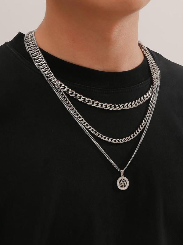 Simple Chains Necklace for Men, Summer Chains for Men, Plant Tree Design Pendant Necklace As Gift for Boyfriend, Hip 2024 New Trendy Hip Hop Stainless Steel Vintage Mens Jewelry,  Chains for Men