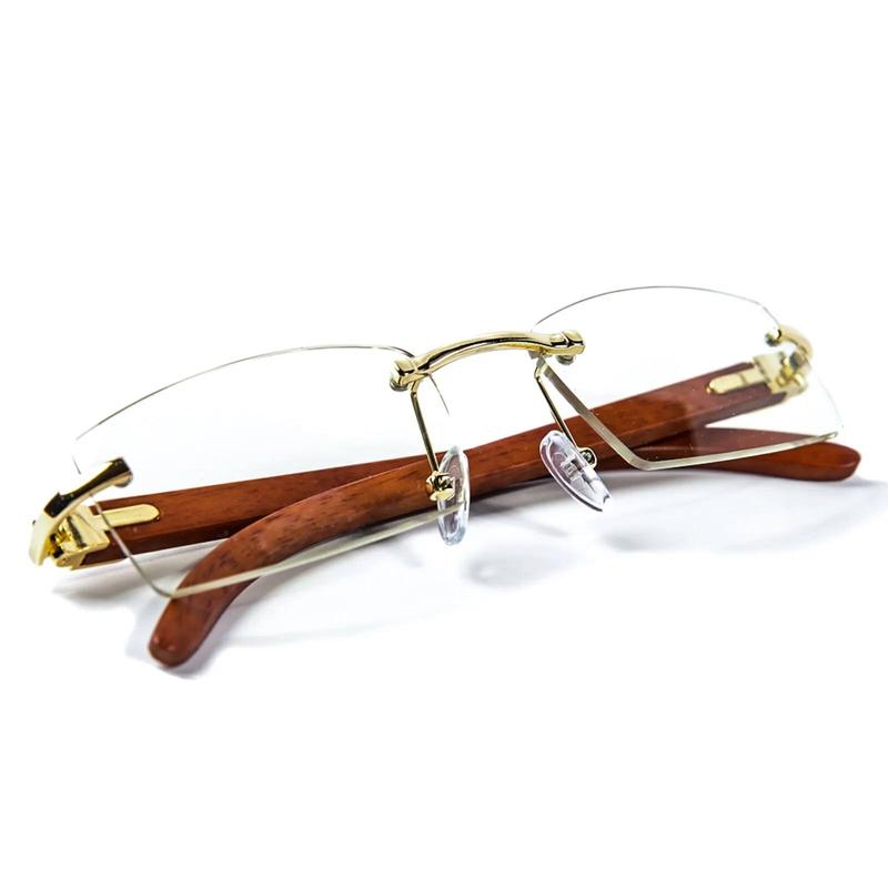 Vintage Rimless Wood Gold Frame Retro Hip Hop Mens Clear Lens Glasses