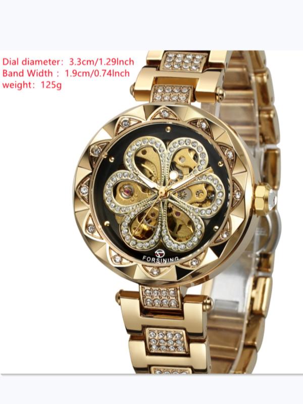 Women's Elegant Rhinestone Decorated Mechanical Watch, Fashionable Round Dial Watch for Women & Girls, Trendy Exquisite Watch for Birthday Gift with Box