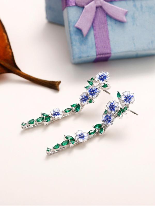 Fashion Elegant Rhinestone Decorated Flower Dangle Earrings As Gift, 2024 New Trendy Vintage Leaf Design Earrings for Women, Anniversary, Engagement, Wedding, Gifts for Women and Girls