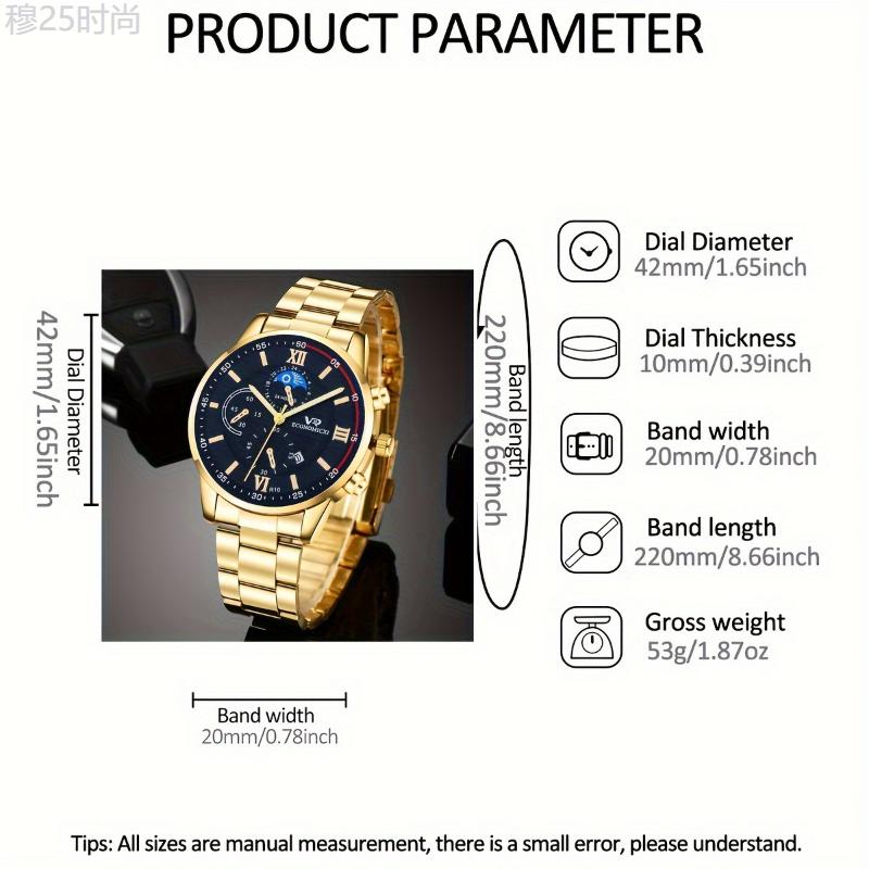 3Pcs Fashionable Men's Quartz Watch Set with Calendar Function, Round Zinc Alloy Case, Electronic Drive Alloy Strap Watch & Cross Pendant Necklace - For Men - Ideal Gift for Dad, Boyfriend, Son for Birthday, Christmas, Halloween, Back to Sc