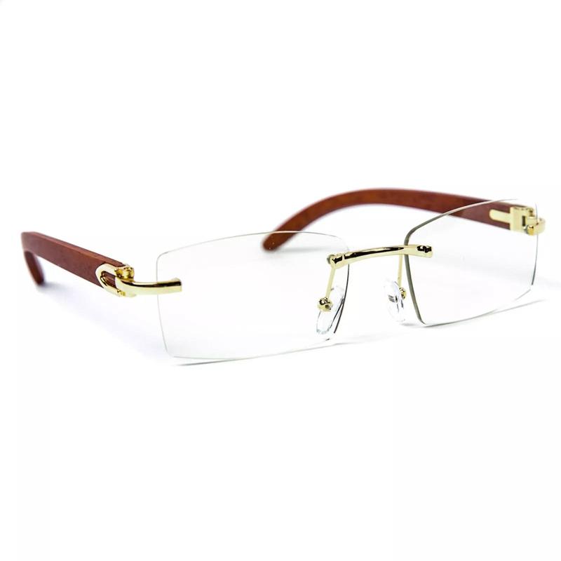 Vintage Rimless Wood Gold Frame Retro Hip Hop Mens Clear Lens Glasses