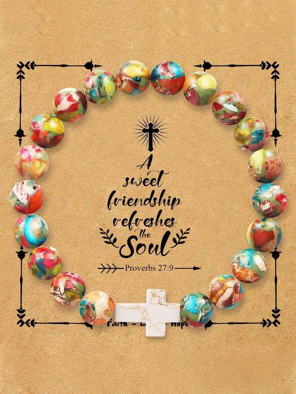 Colorblock Beaded Bracelet with Cross Charm Decor, Fashion Jewelry for Party, Daily Clothing Decor, Trendy All-match & Exquisite Jewelry for Birthday Gift