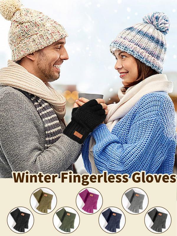 Winter Fingerless Gloves for Women Men, Warm Alpaca Wool Stretch Knit Cold Weather Adult Half Finger Glove for Driving