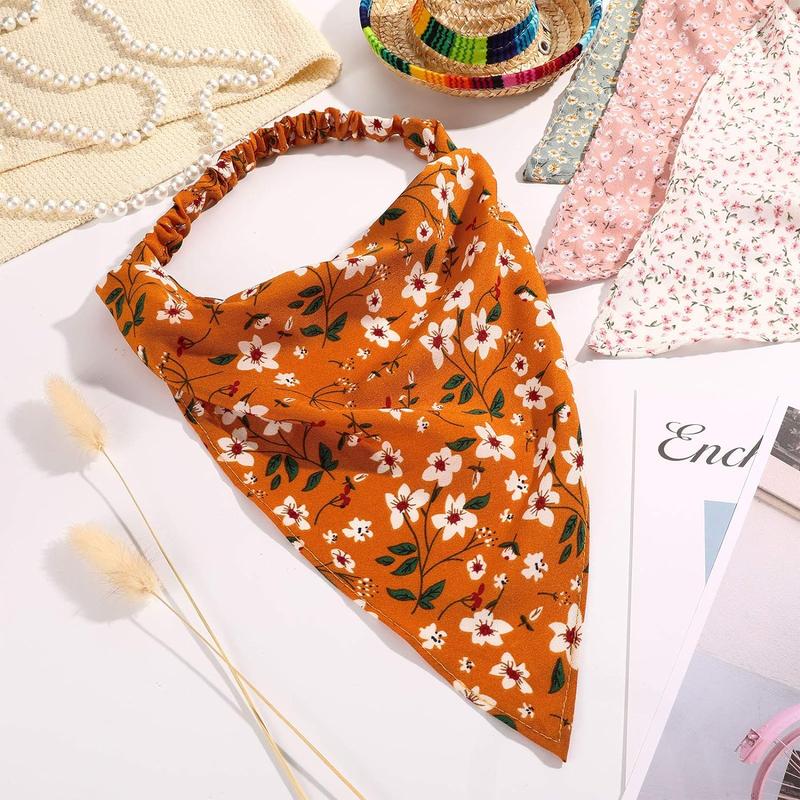 6 Pcs Floral Elastic Hair Bandanas Boho Scarf Headband Chiffon Head Kerchief Turban with Hair Clips for Women