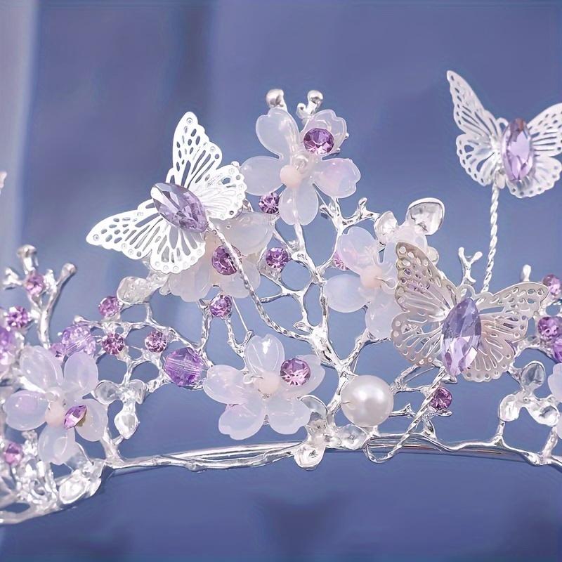 1pcs Exquisite Baroque Princess Tiara - Silvery and Purple Crown with Gorgeous Flower and Butterfly Design - Perfect for Birthday, Holiday Party, Wedding, Photography Props, Stage Performance and Gift Giving