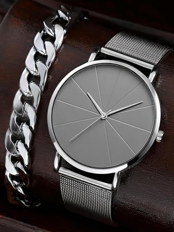 Men's Business Fashion Round Dial Analog Quartz Watch & Chain Bracelet, Fashion Watch Set for Party, Daily Decor, Trendy All-match & Exquisite Watch Set for Gift