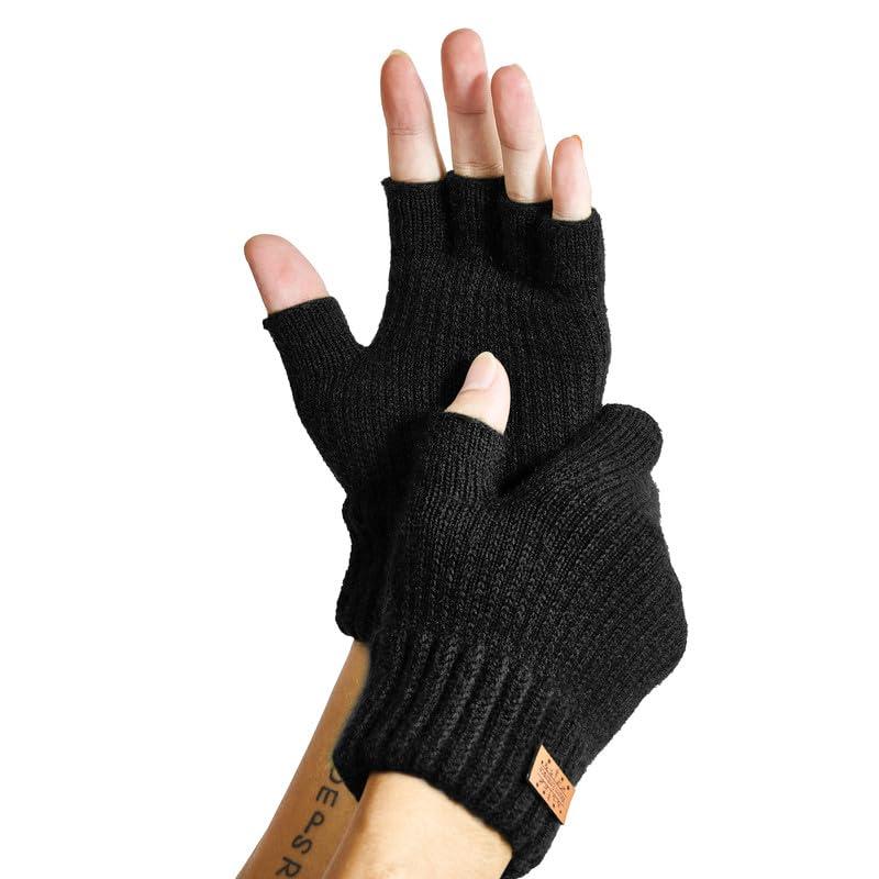 Winter Fingerless Gloves for Women Men, Warm Alpaca Wool Stretch Knit Cold Weather Adult Half Finger Glove for Driving