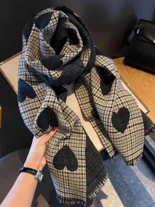 Plaid & Heart Pattern Scarf, Elegant Soft Warm Thickened Shawl for Women & Men, Fashion Accessories for Daily Wear