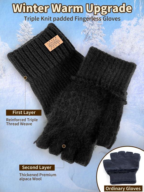 Winter Fingerless Gloves for Women Men, Warm Alpaca Wool Stretch Knit Cold Weather Adult Half Finger Glove for Driving