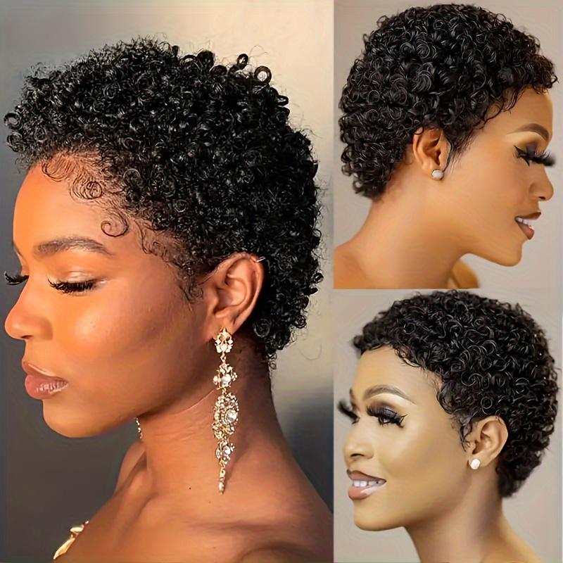 Glueless Pixie Cut Wigs Brazilian Virgin Remy Human Hair Wig For Women Short Afro Kinky Curly Machine Made Wigs Suitable For Beginners 100% Brazilian Virgin Hair 150% Density No Lace Wigs