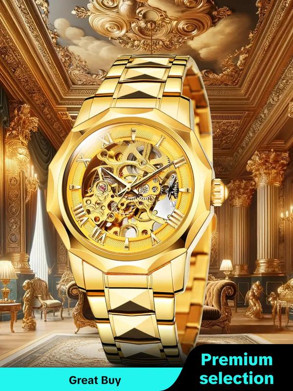 Men's Business Fashion Round Dial Stainless Steel Strap Analog Mechanical Watch,  Skeleton Wrist Watch for Party, Daily Clothing Decor, for Birthday Gift with Box