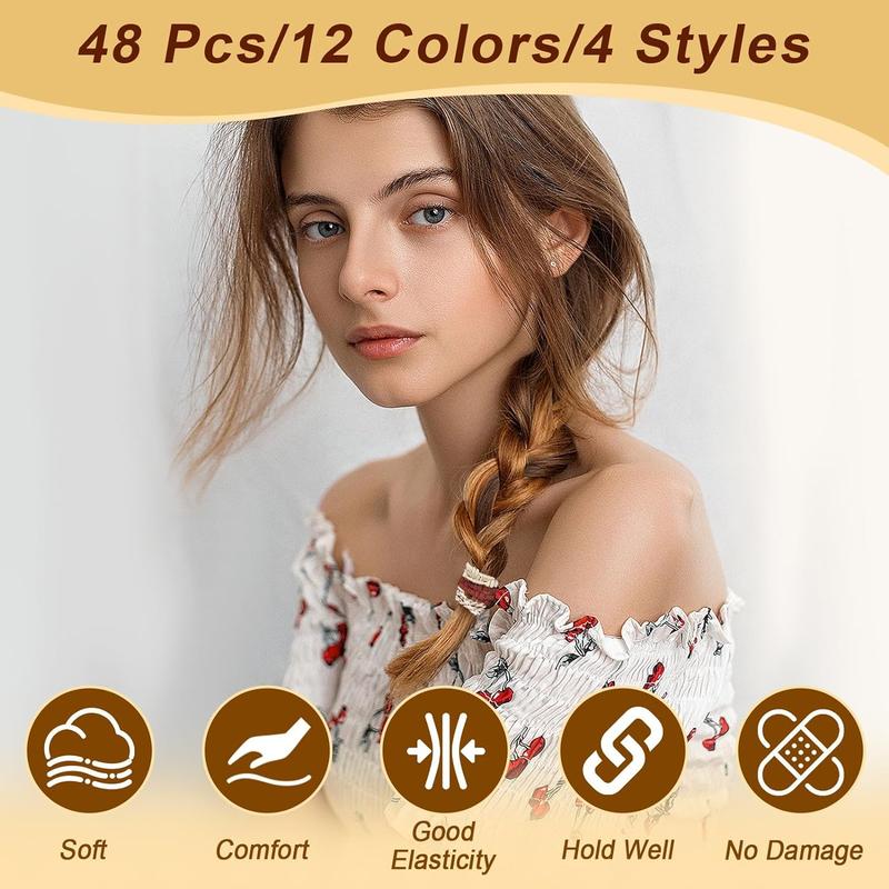 48 Boho Hair Ties, Elastic Hair Tie Bracelets for Women, Cute Hair Ties No Damage, Ponytail Holders with Thick and Thin Hair - Multicolor