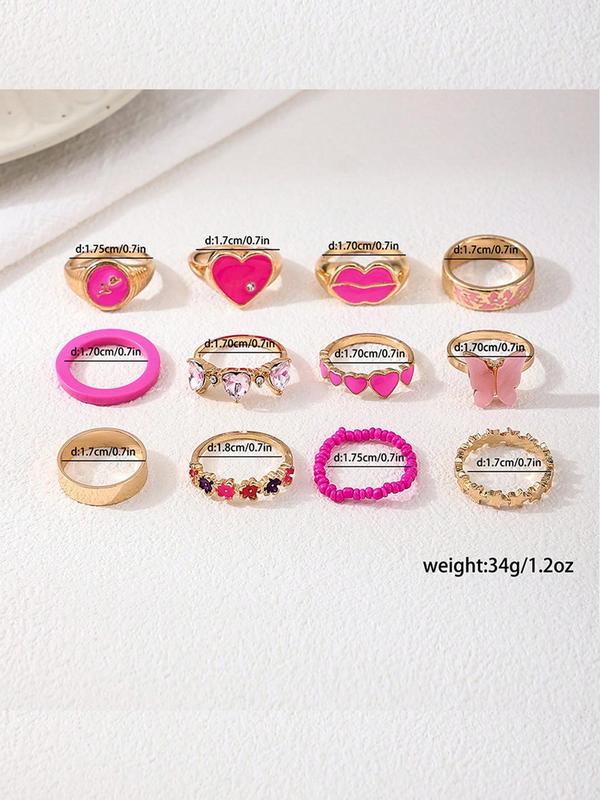 Cute Heart & Rhinestone Decorated Mixed Ring Set, Boho Style Jewelry for Women & Girls, Trendy All-match & Exquisite Jewelry for Birthday Gift