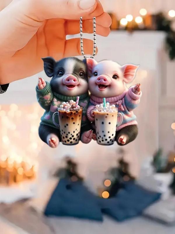 Cute Pig & Milk Tea Design Hanging Ornament, Cartoon Creative Keychain for Car Keys & Backpack & Car Rearview Mirror Decor, Kawaii Accessories As Gift