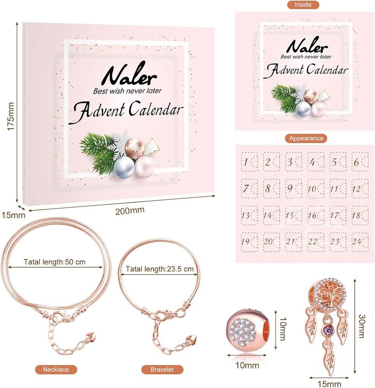 Naler Christmas Jewelry Advent Calendar 2024 Christmas Countdown Calendar Jewelry Kit for Women - Includes 22 Pendant Beads Jewelry, 1 Necklace, 1 Bracelet, Rose Gold