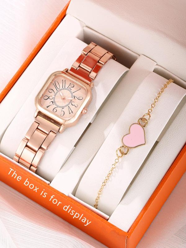 Women's Elegant Rhinestone Decorated Quartz Watch & Heart Decor Bracelet Set, Fashionable Wristwatch & Jewelry Set for Women As Gift