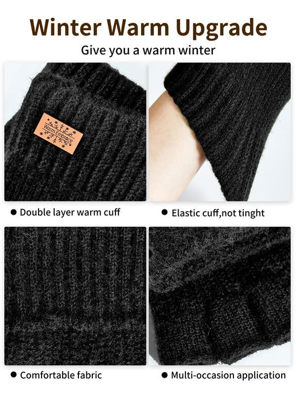 Winter Fingerless Gloves for Women Men, Warm Alpaca Wool Stretch Knit Cold Weather Adult Half Finger Glove for Driving