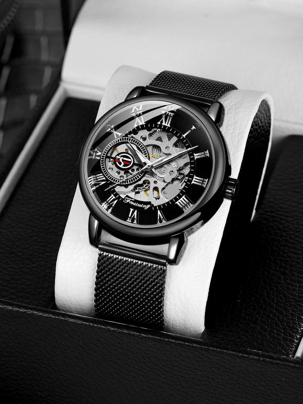 Men's Classic Vintage Transparent Skeleton Mechanical Watch, Luminous Hands Mesh Stainless Steel Strap Business Casual Hand Winding Watches, Gifts with Box