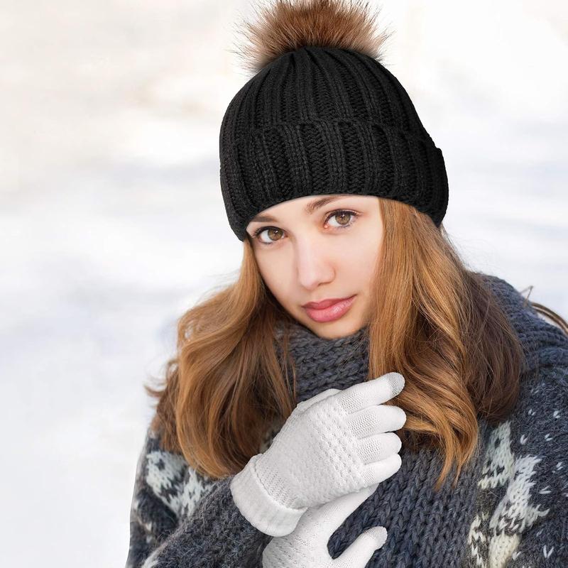 4 count Women Winter Knitted Beanie Hat Glove Set  Cap Touchscreen Gloves