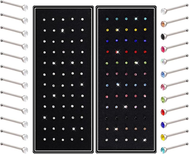 2 Sets 120 count Stainless Steel Nose Ring  Piercing  Nose  Stud Nose Hoop Crystal  White+Multicolor