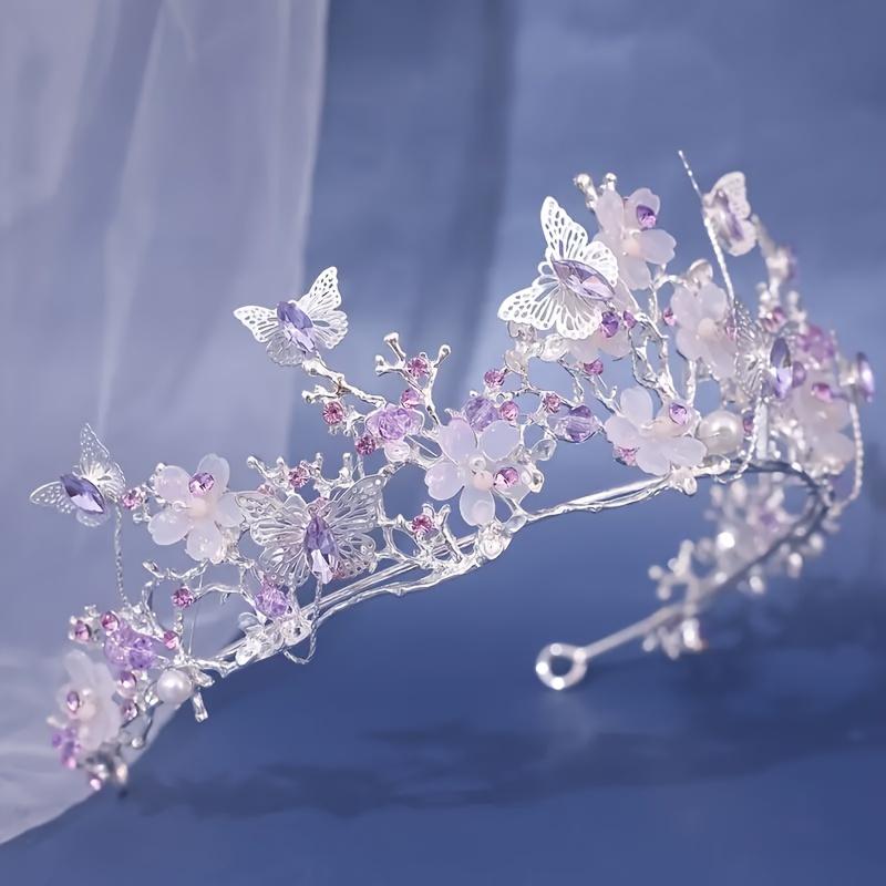 1pcs Exquisite Baroque Princess Tiara - Silvery and Purple Crown with Gorgeous Flower and Butterfly Design - Perfect for Birthday, Holiday Party, Wedding, Photography Props, Stage Performance and Gift Giving