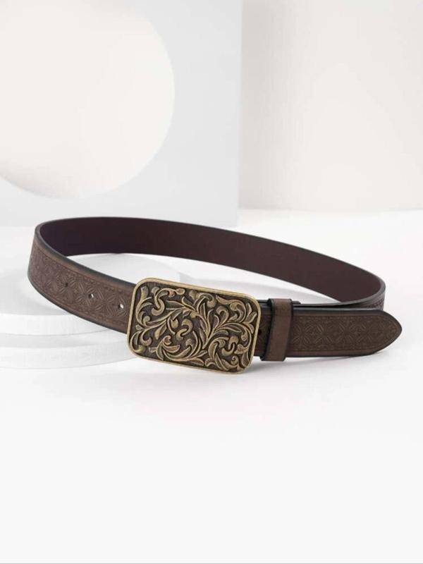 Boho Style Vintage Flower Embossed PU Buckle Belt, Fashionable Western Style Belt for Women & Men, Trendy All-match Belt for Birthday Gift for Outfit Matching