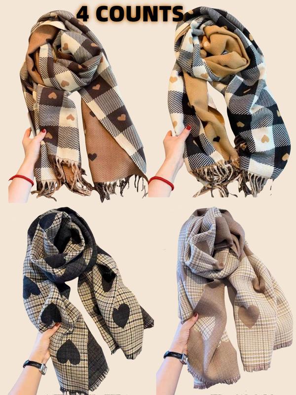 Plaid & Heart Pattern Scarf, Elegant Soft Warm Thickened Shawl for Women & Men, Fashion Accessories for Daily Wear