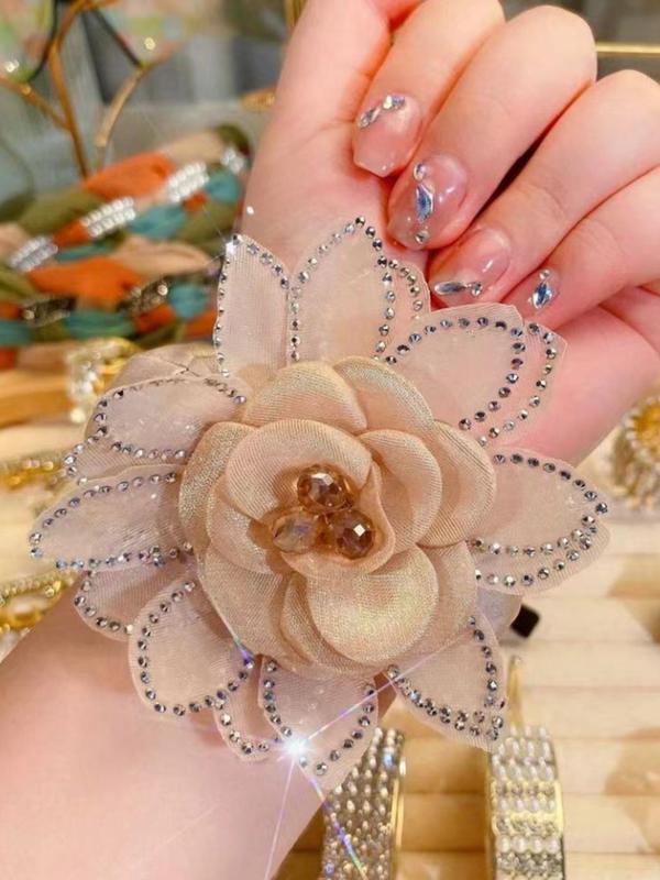 Women's Elegant Artificial Crystal & Rhinestone Decorated Flower Design Hair Tie, Exquisite Trendy Hair Tie, Fashionable Hair Accessories for Daily Use