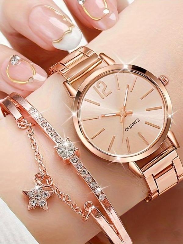 Women's Elegant Fashion Watch & Bracelet Set, Fashion Rhinestone Decorated Round Dial Analog Quartz Watch & Star Decor Bangle, Exquisite Watch Set As Gift