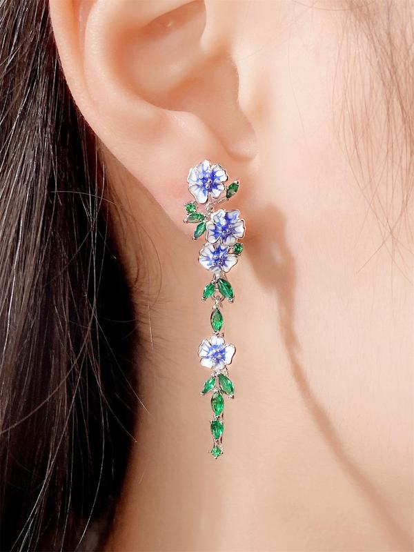 Fashion Elegant Rhinestone Decorated Flower Dangle Earrings As Gift, 2024 New Trendy Vintage Leaf Design Earrings for Women, Anniversary, Engagement, Wedding, Gifts for Women and Girls