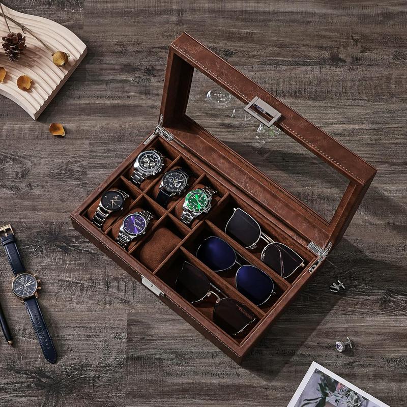 Watch Box Sunglass Organizer with Real Glass Top, 6 Watch Case and 3 Slots Sunglasses Box for Men, Faux Leather, Real Glass Top, Brown SSH18Z