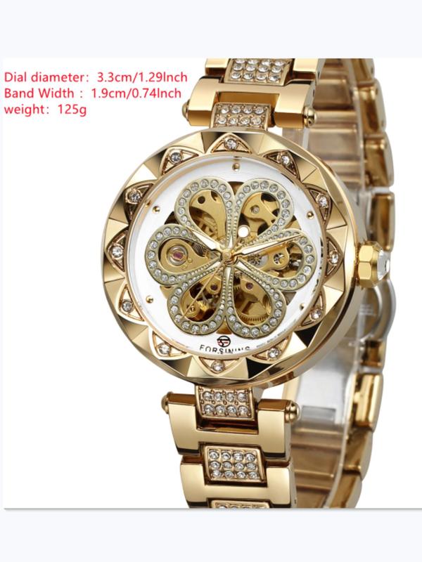 Women's Elegant Rhinestone Decorated Mechanical Watch, Fashionable Round Dial Watch for Women & Girls, Trendy Exquisite Watch for Birthday Gift with Box