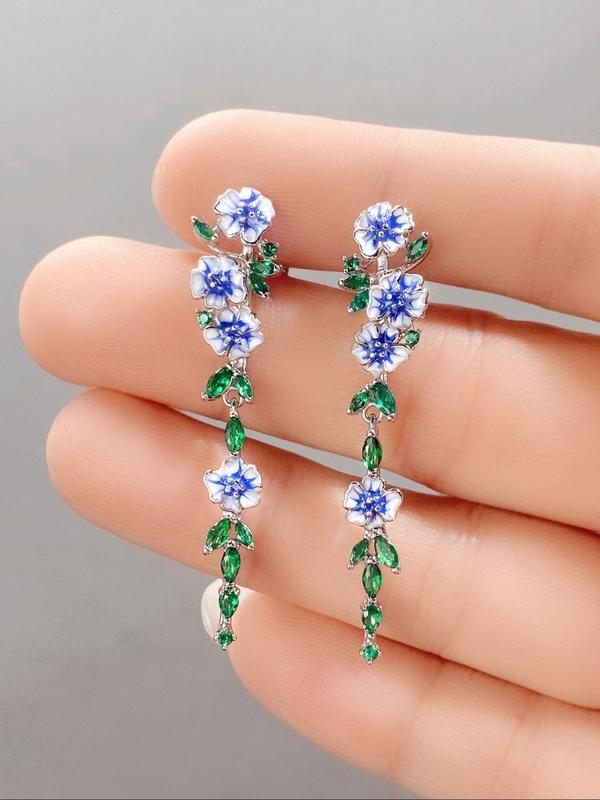 Fashion Elegant Rhinestone Decorated Flower Dangle Earrings As Gift, 2024 New Trendy Vintage Leaf Design Earrings for Women, Anniversary, Engagement, Wedding, Gifts for Women and Girls