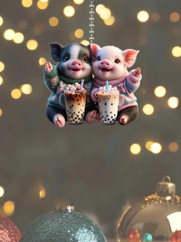 Cute Pig & Milk Tea Design Hanging Ornament, Cartoon Creative Keychain for Car Keys & Backpack & Car Rearview Mirror Decor, Kawaii Accessories As Gift