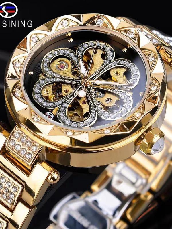 Women's Elegant Rhinestone Decorated Mechanical Watch, Fashionable Round Dial Watch for Women & Girls, Trendy Exquisite Watch for Birthday Gift with Box