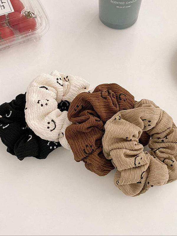 Cute Smile Face Print Scrunchie (4pcs), Casual Versatile Hair Accessories for Women, Minimalist Headwear Suitable for Thick Hair for Party, Daily Clothing Decor