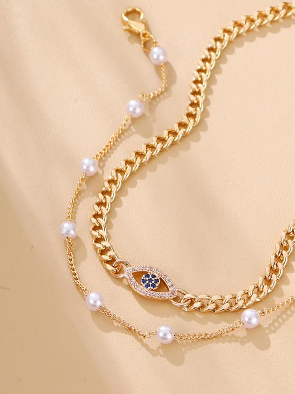 Women's Elegant Rhinestone & Faux Pearl Decor Anklets, 2pcs set Trendy Evil Eye Design Anklets for Women & Girls, Fashion Vintage Jewelry for Party & Daily Decor As Birthday Gift